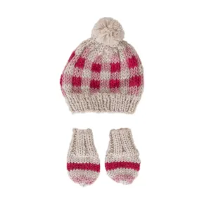 Acorn Checks Beanie and Mittens Set - Pink