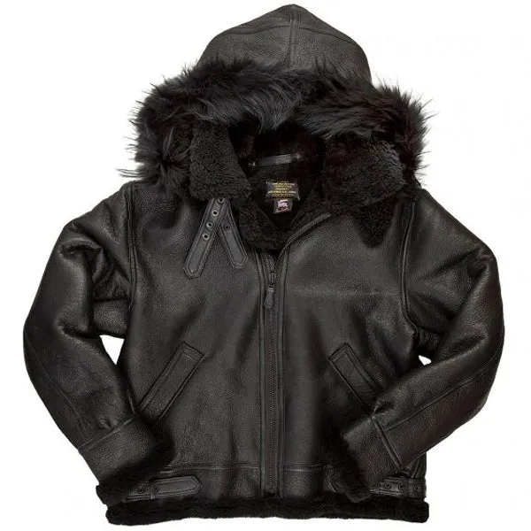 All Black B-3 Hooded Sheepskin Bomber Jacket