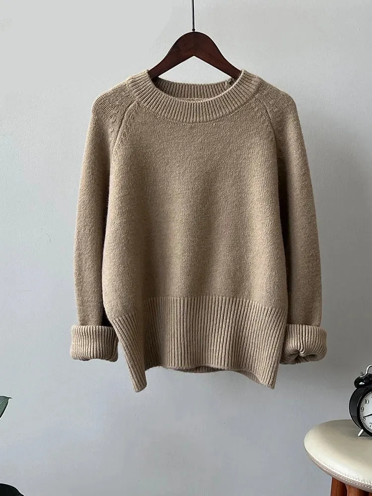 Autumn Winter Women Knitted Sweater Pullovers Female Jumper Warm Beige Light Coffee O-neck Basic Sweaters Tops 7 Colors