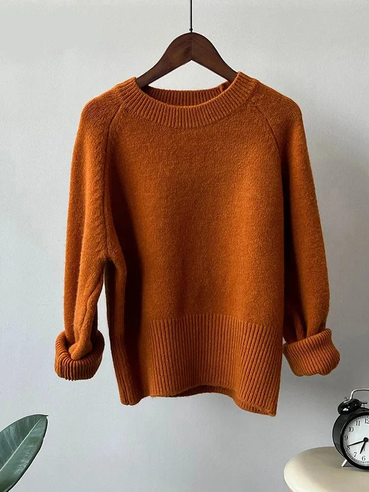 Autumn Winter Women Knitted Sweater Pullovers Female Jumper Warm Beige Light Coffee O-neck Basic Sweaters Tops 7 Colors