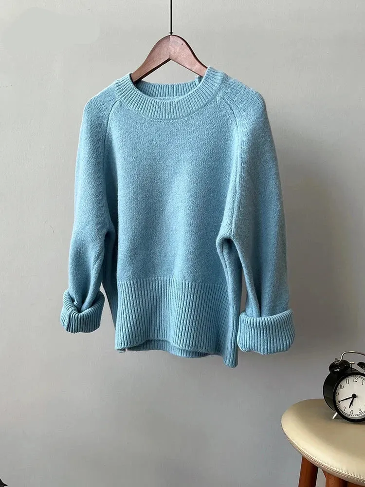 Autumn Winter Women Knitted Sweater Pullovers Female Jumper Warm Beige Light Coffee O-neck Basic Sweaters Tops 7 Colors