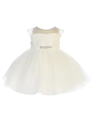 Baby Girls Ivory Illusion Neck Beaded Lace Belted Flower Girl Dress 24M