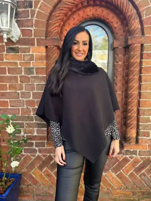 Black Faux Fur Trim Poncho Devon