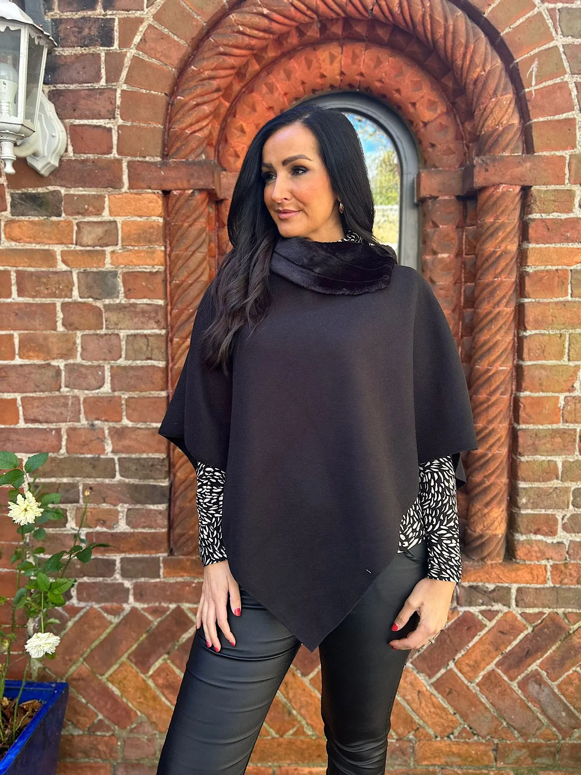 Black Faux Fur Trim Poncho Devon