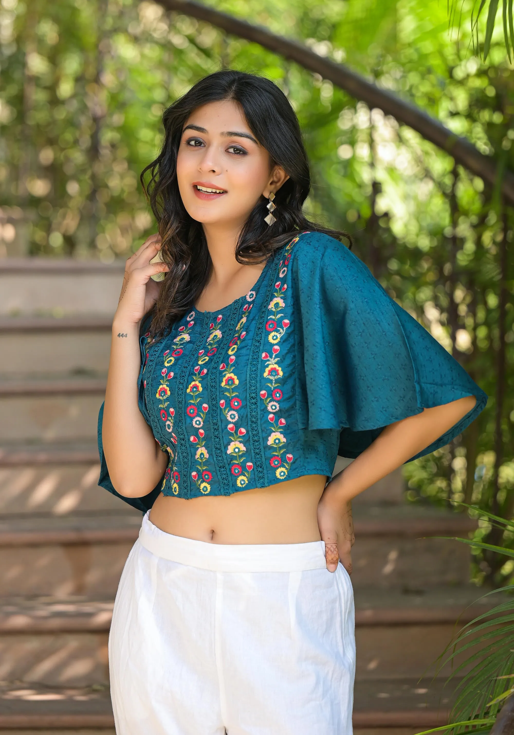 Blue Thread Embroidered Liva Rayon Top With Mirror Work