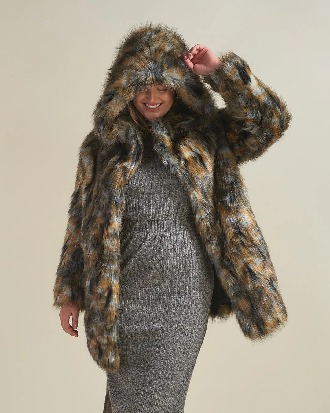 Brindle Wolf Hooded Faux Fur Coat | Women's