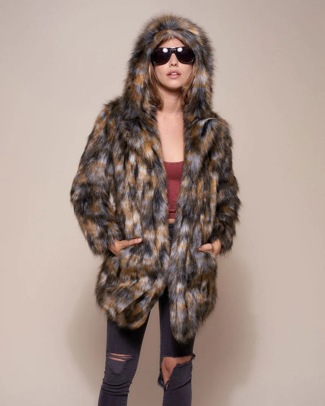 Brindle Wolf Hooded Faux Fur Coat | Women's