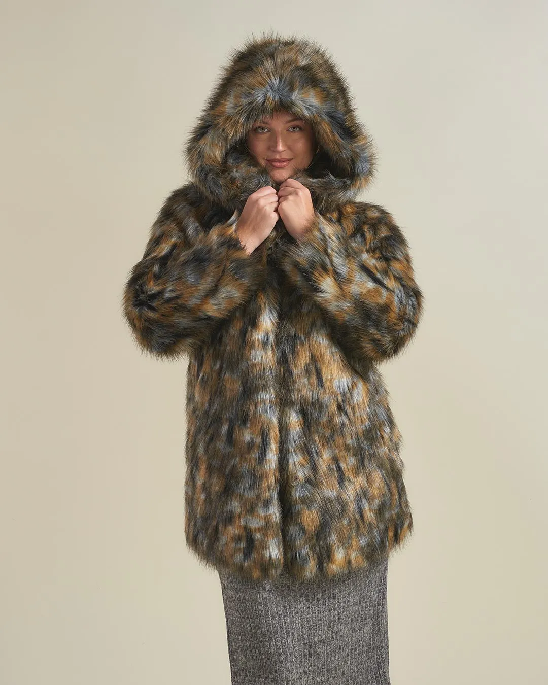 Brindle Wolf Hooded Faux Fur Coat | Women's