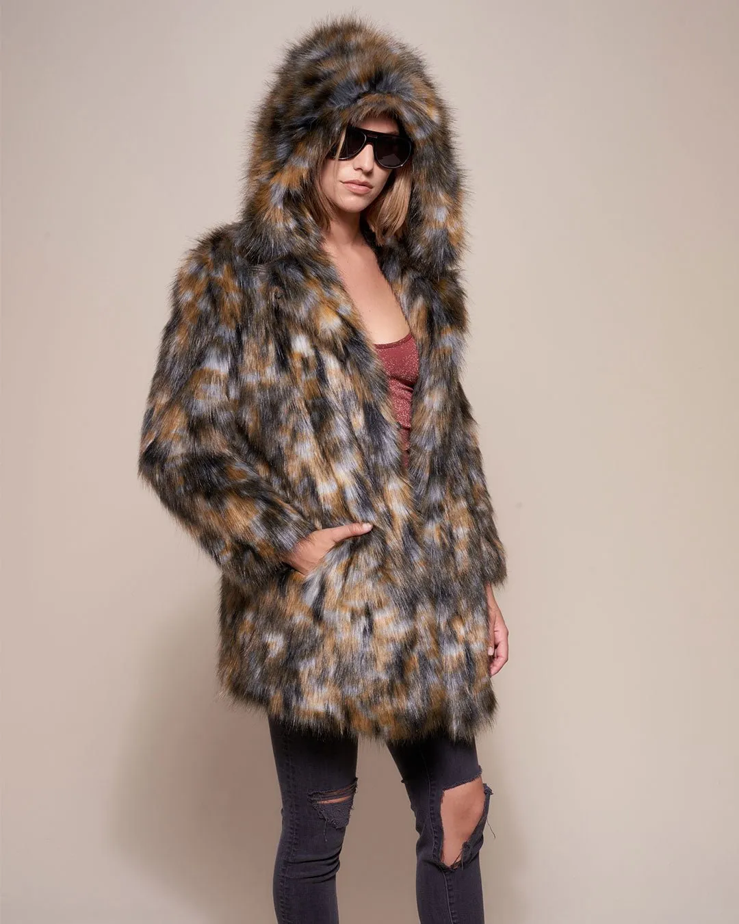 Brindle Wolf Hooded Faux Fur Coat | Women's