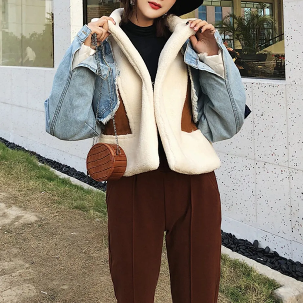 Casual Winter Coat For Women Lapel Long Sleeve Patchwork LambsWool Colorblock Thick Coats Female Clothing