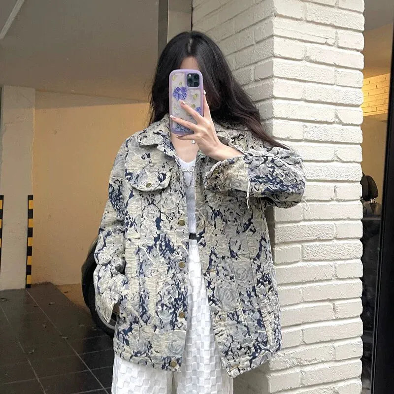 Denim Coat Women's New Spring and Autumn Fashion Print Jacket Cardigan Stylish Niche Loose Elegant Top