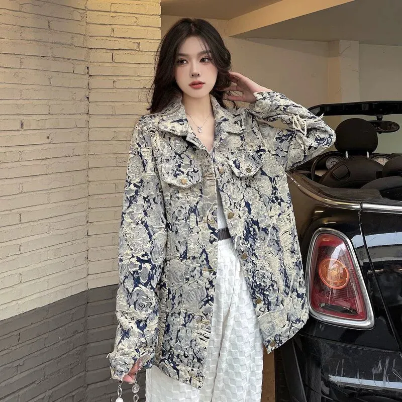 Denim Coat Women's New Spring and Autumn Fashion Print Jacket Cardigan Stylish Niche Loose Elegant Top