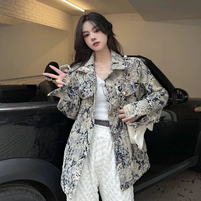 Denim Coat Women's New Spring and Autumn Fashion Print Jacket Cardigan Stylish Niche Loose Elegant Top