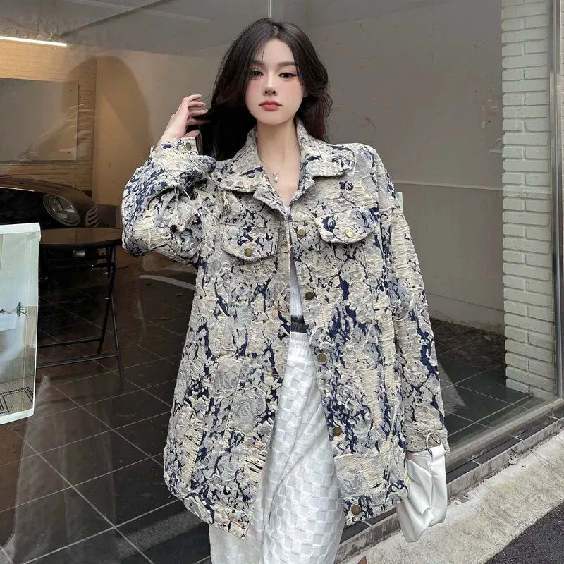 Denim Coat Women's New Spring and Autumn Fashion Print Jacket Cardigan Stylish Niche Loose Elegant Top