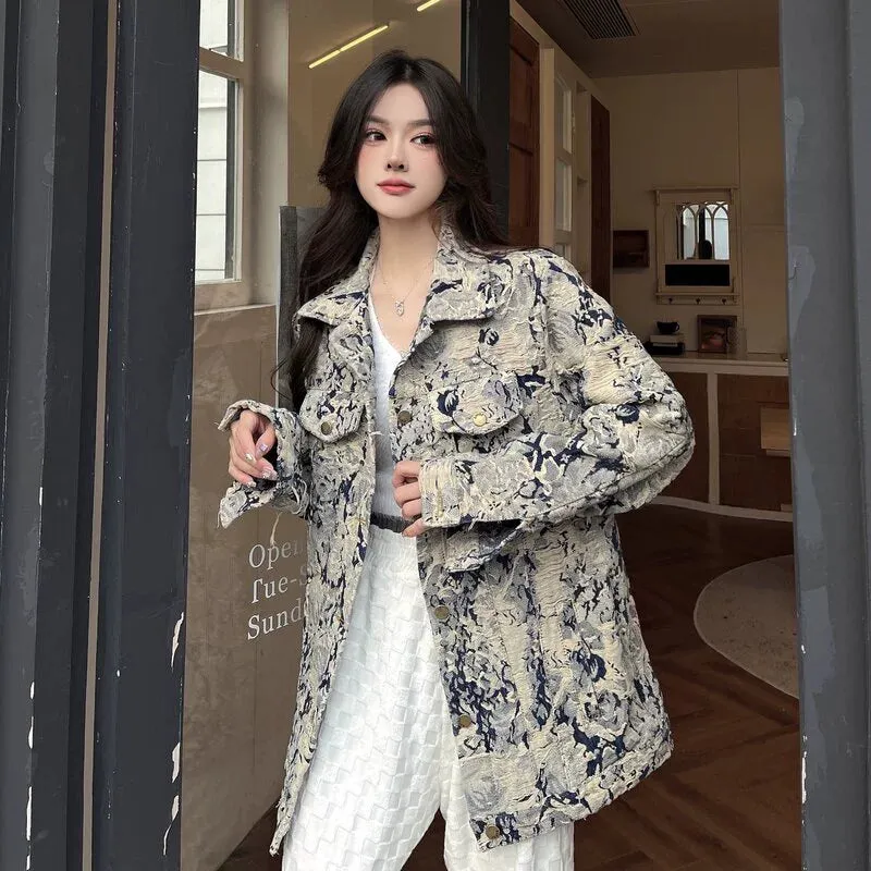 Denim Coat Women's New Spring and Autumn Fashion Print Jacket Cardigan Stylish Niche Loose Elegant Top