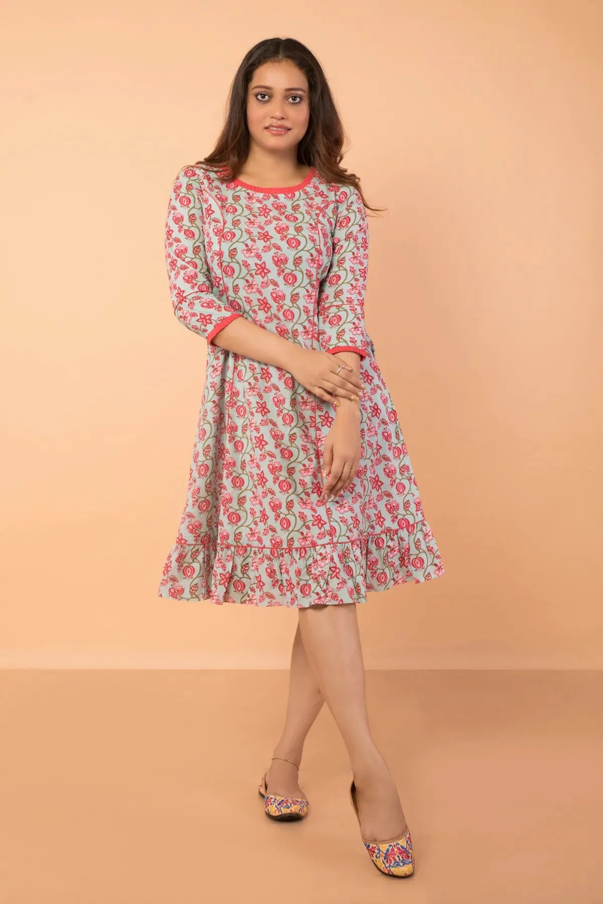 French Cut Floral Print Cotton Dress