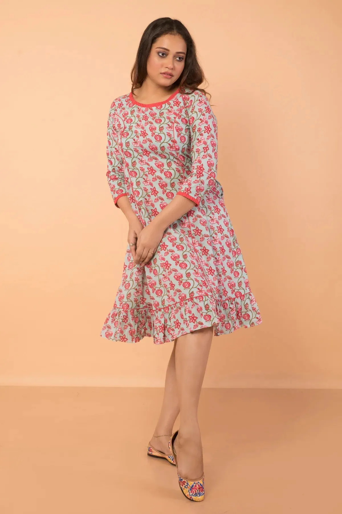 French Cut Floral Print Cotton Dress