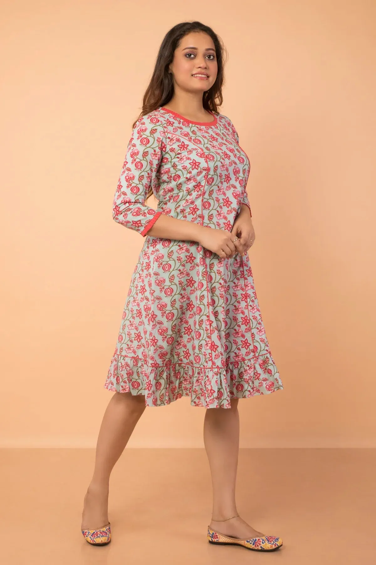 French Cut Floral Print Cotton Dress