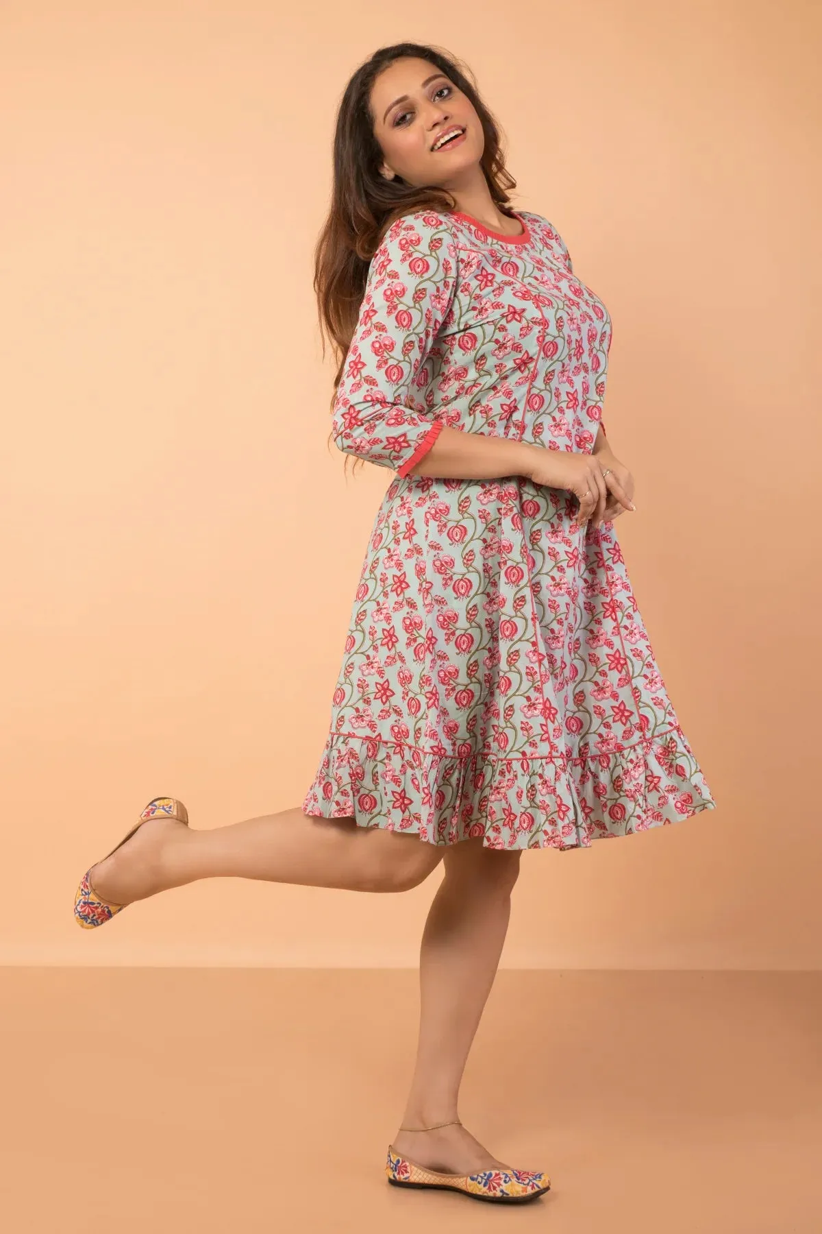 French Cut Floral Print Cotton Dress