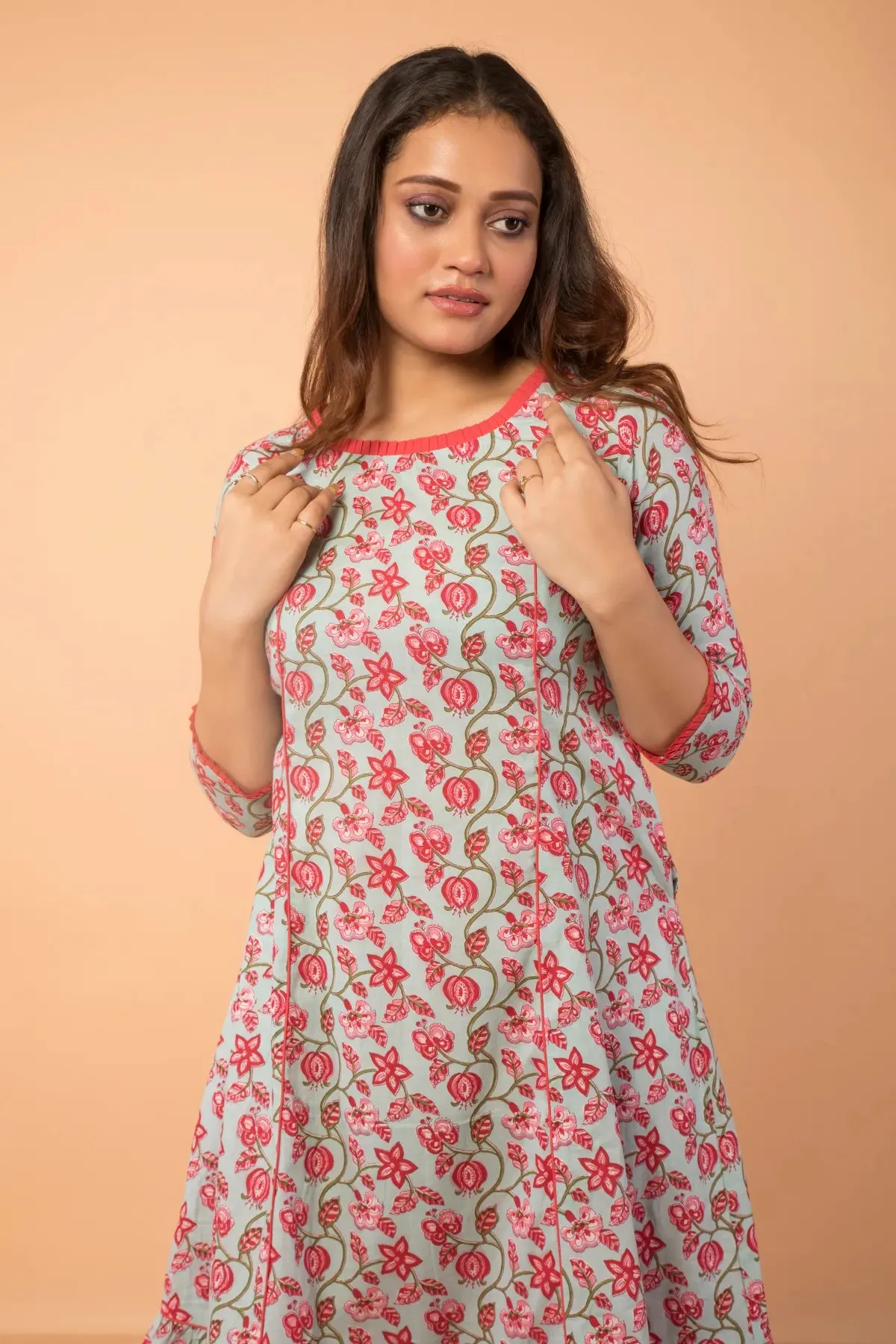 French Cut Floral Print Cotton Dress