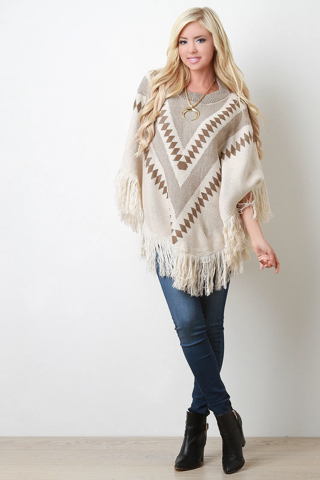 Fringe Hem Patterned Crew Neck Poncho