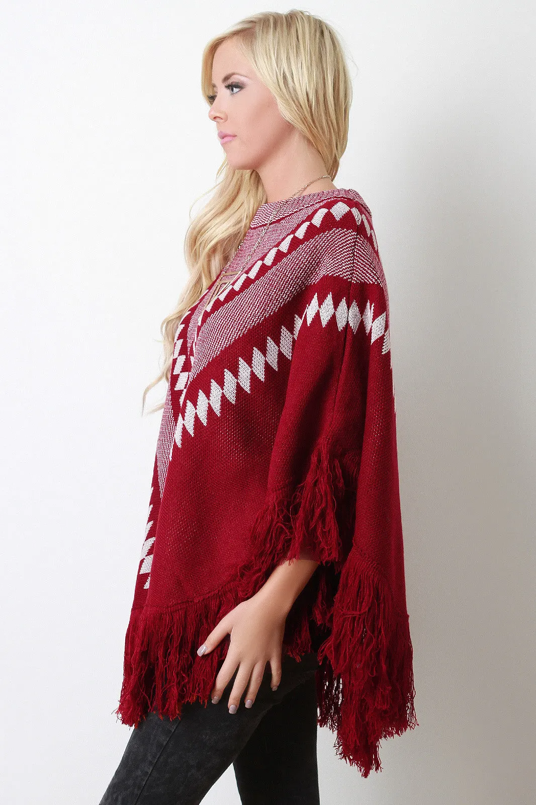 Fringe Hem Patterned Crew Neck Poncho