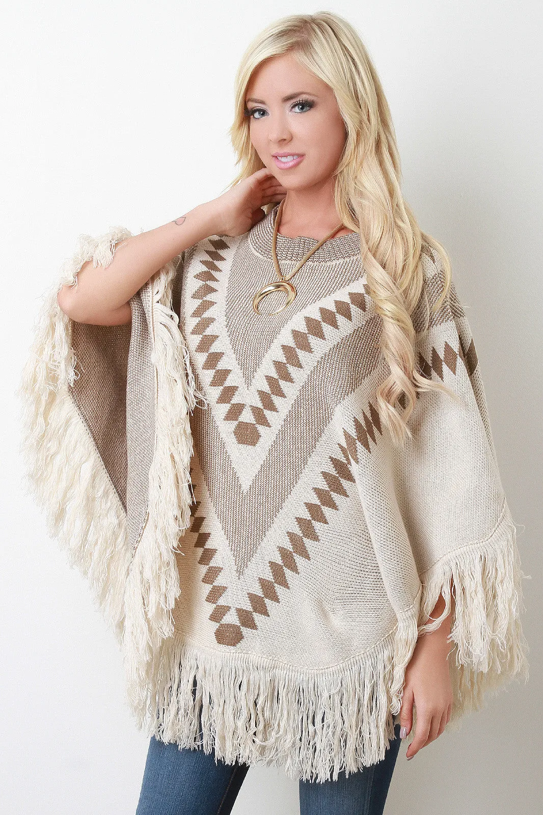 Fringe Hem Patterned Crew Neck Poncho