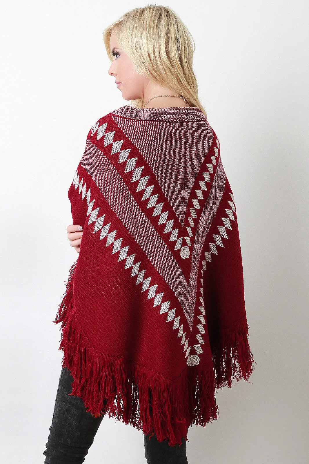 Fringe Hem Patterned Crew Neck Poncho