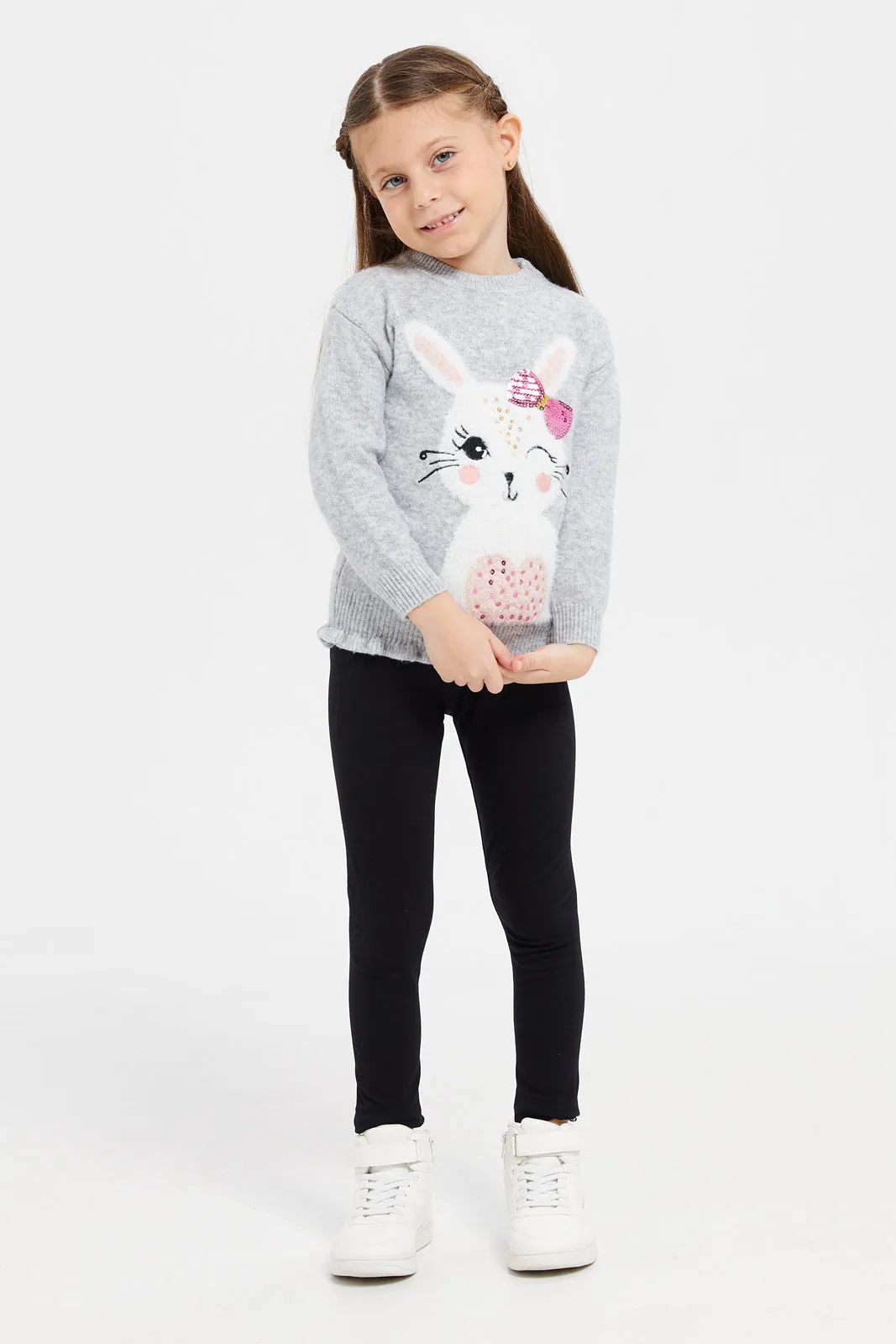 Girls Grey Bunny Placement Print Pullover