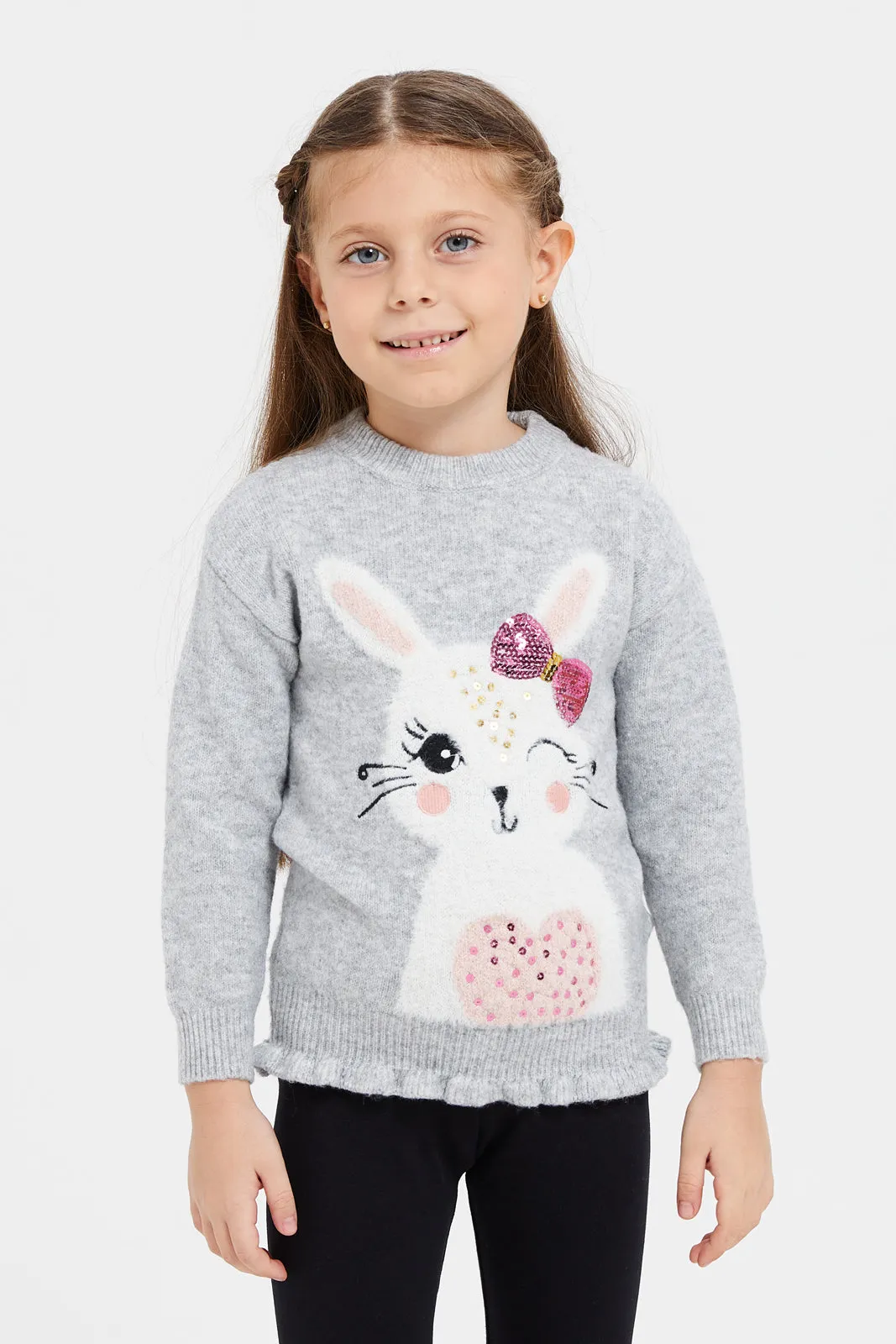 Girls Grey Bunny Placement Print Pullover