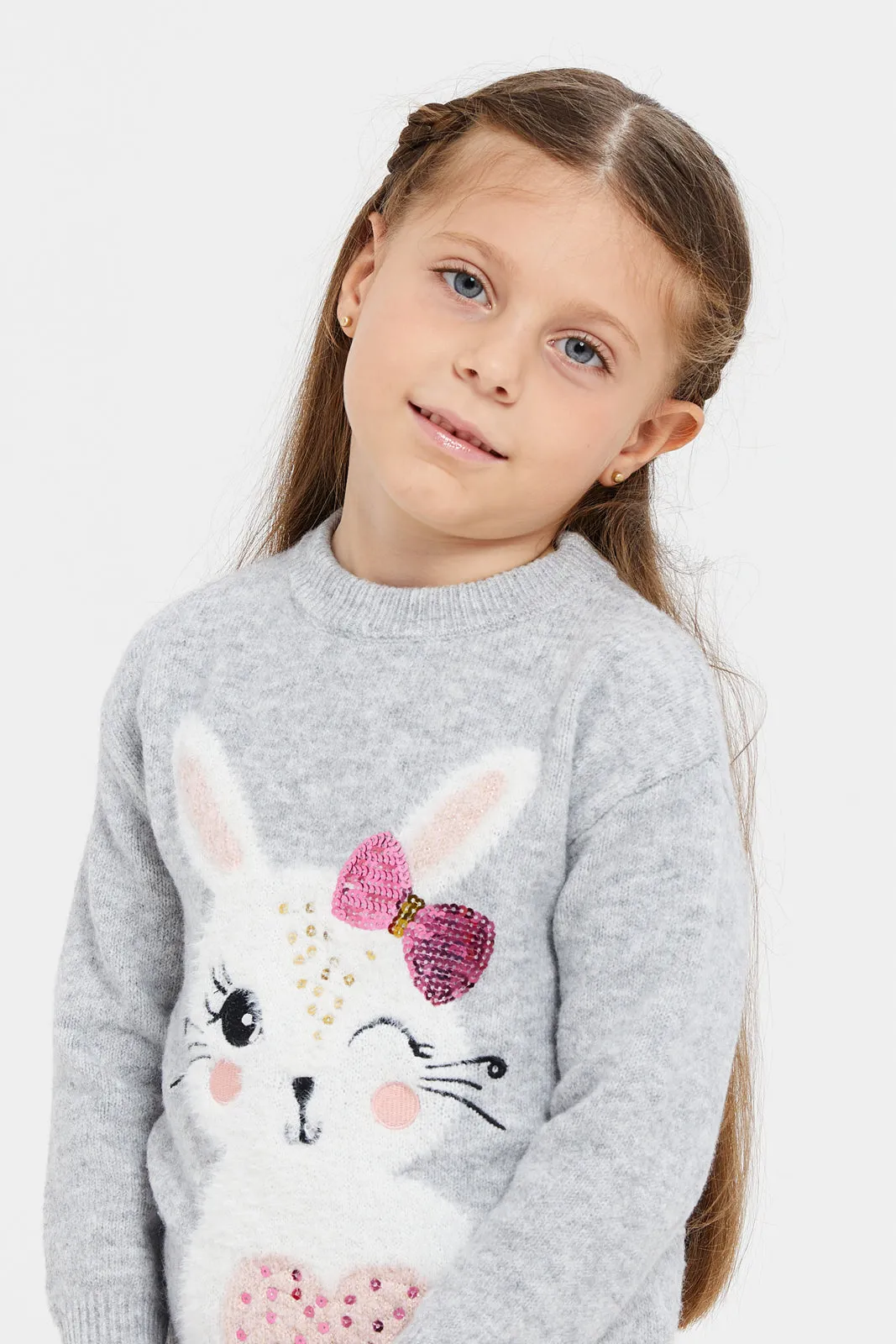 Girls Grey Bunny Placement Print Pullover