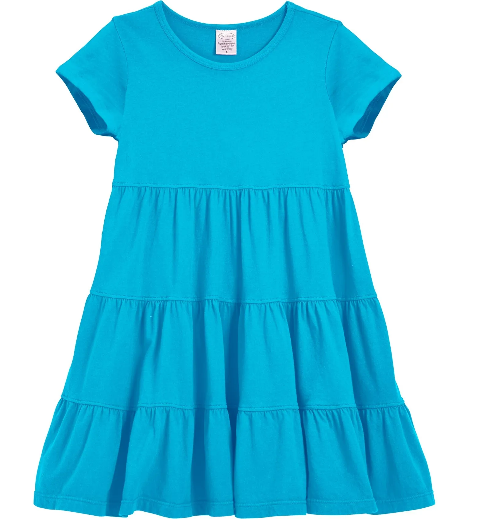 Girls Soft Cotton Jersey Short Sleeve Tiered Dress | Turquoise