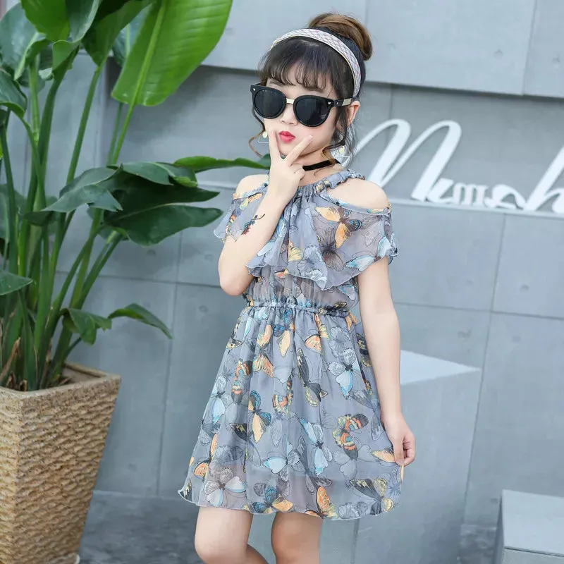 Grey Floral Off Shoulder Chiffon Dress