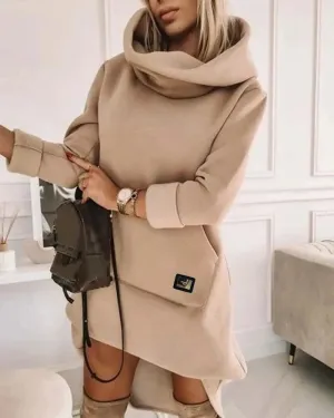 High Neck Hooded Sweatshirt Dress: Chic Office Pullover