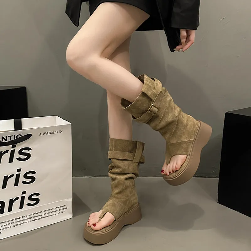 High Pants Boots Knight Boots Fashion Brand Retro below the Knee Long Boots Spring and Summer Thick Bottom Female Boots Western Open Toe Boots