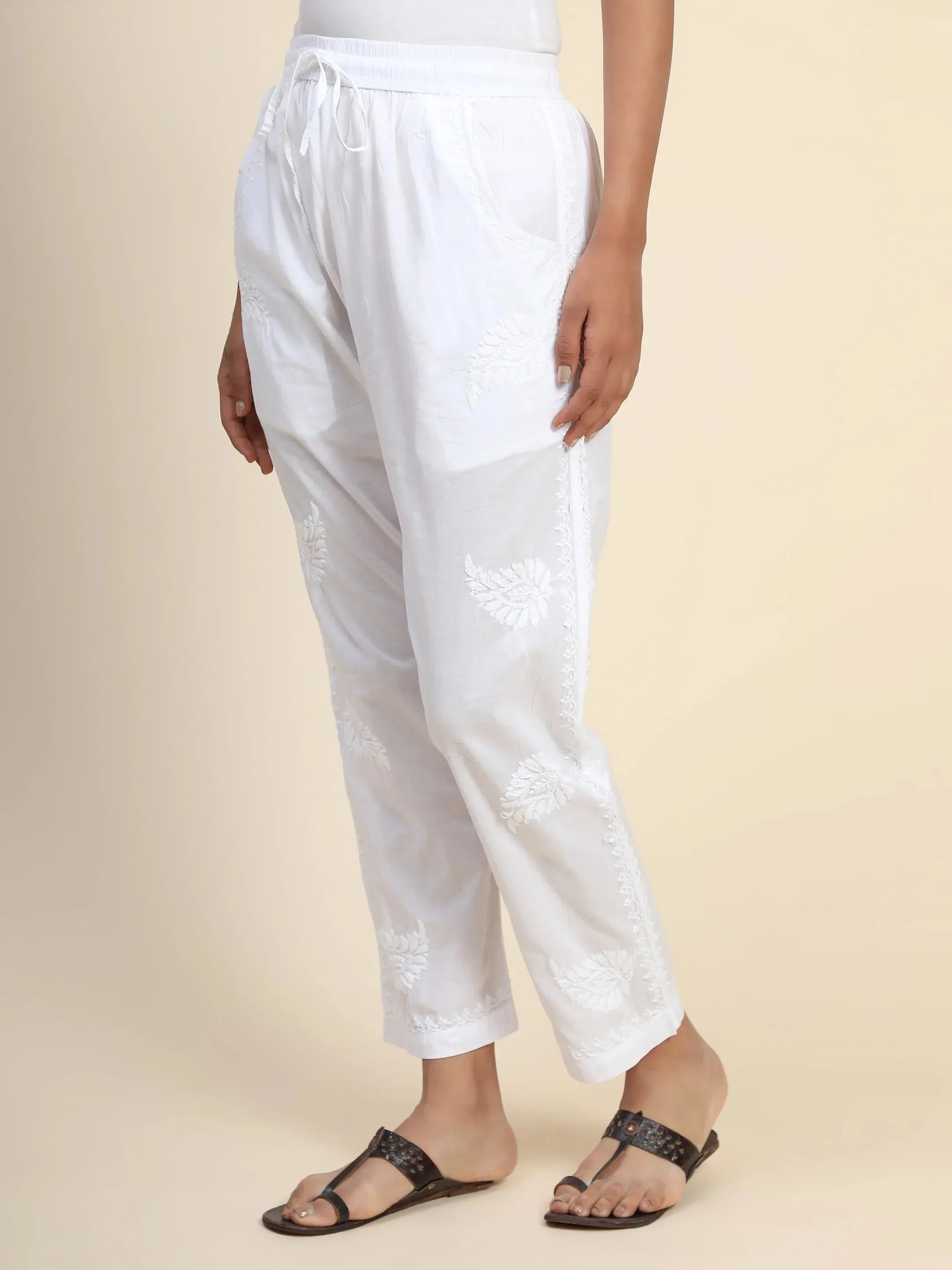 House Of Kari Chikankari Embroidered Cotton White Relaxed Pants Trousers-9