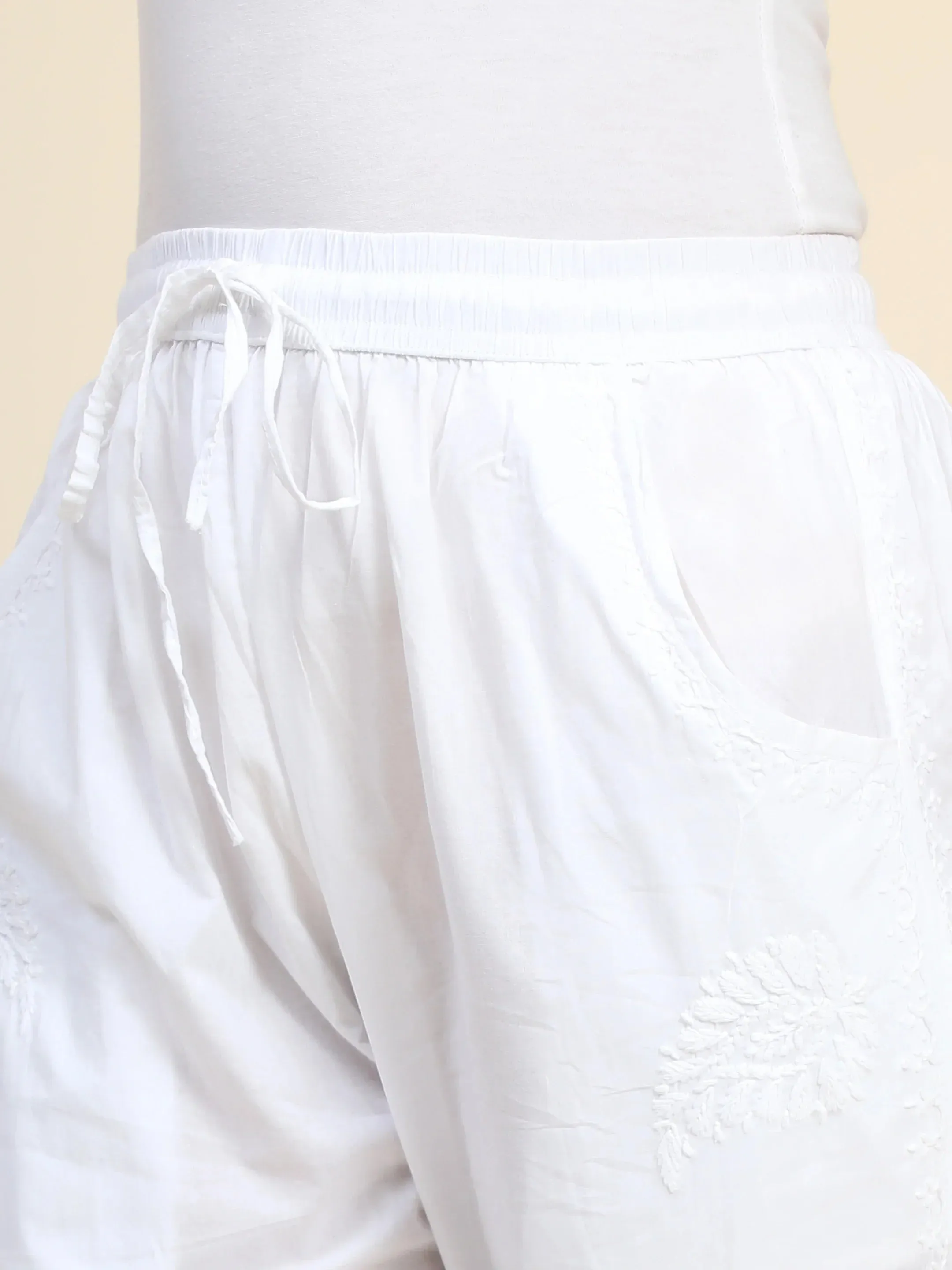 House Of Kari Chikankari Embroidered Cotton White Relaxed Pants Trousers-9