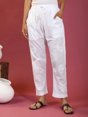 House Of Kari Chikankari Embroidered Cotton White Relaxed Pants Trousers-9