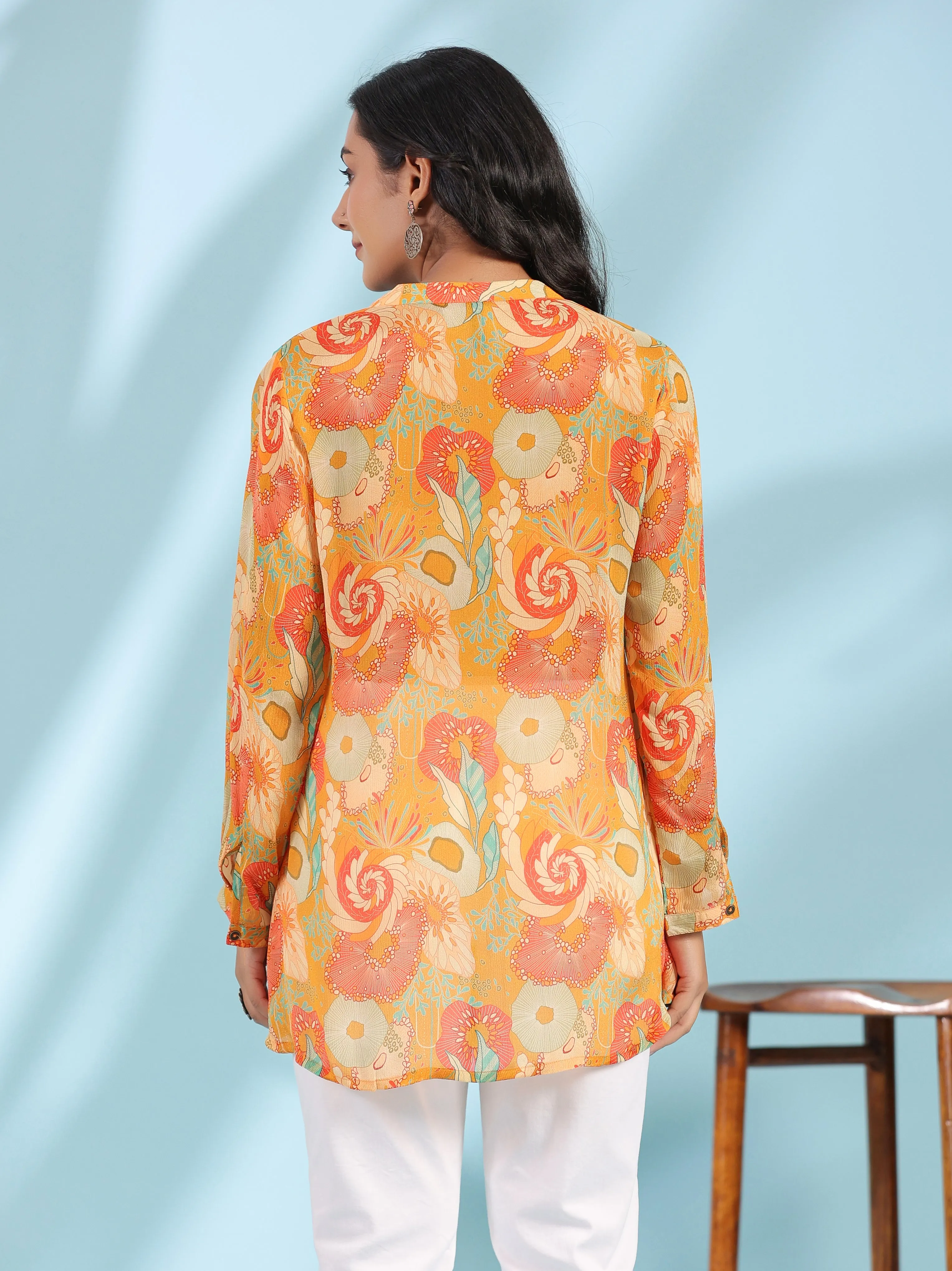 Juniper Mustard Abstract Printed Viscose Chinnon Regular Tunic