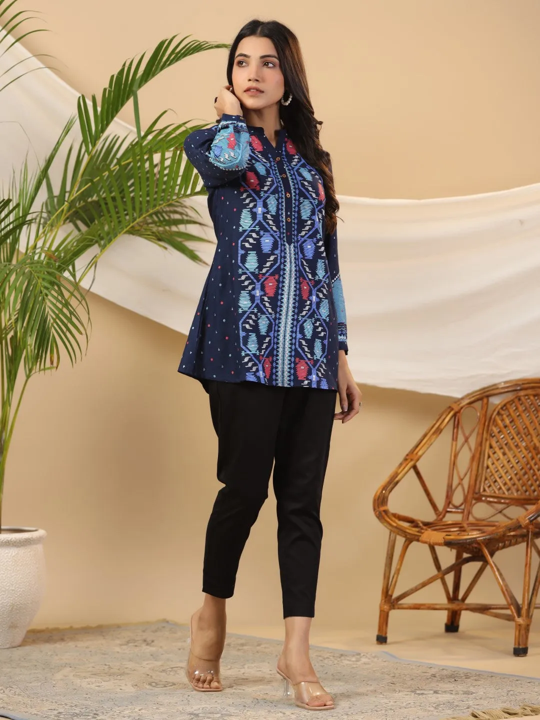 Juniper Navy Blue Geometric Printed Rayon Slub Long Cuff Sleeves Tunic