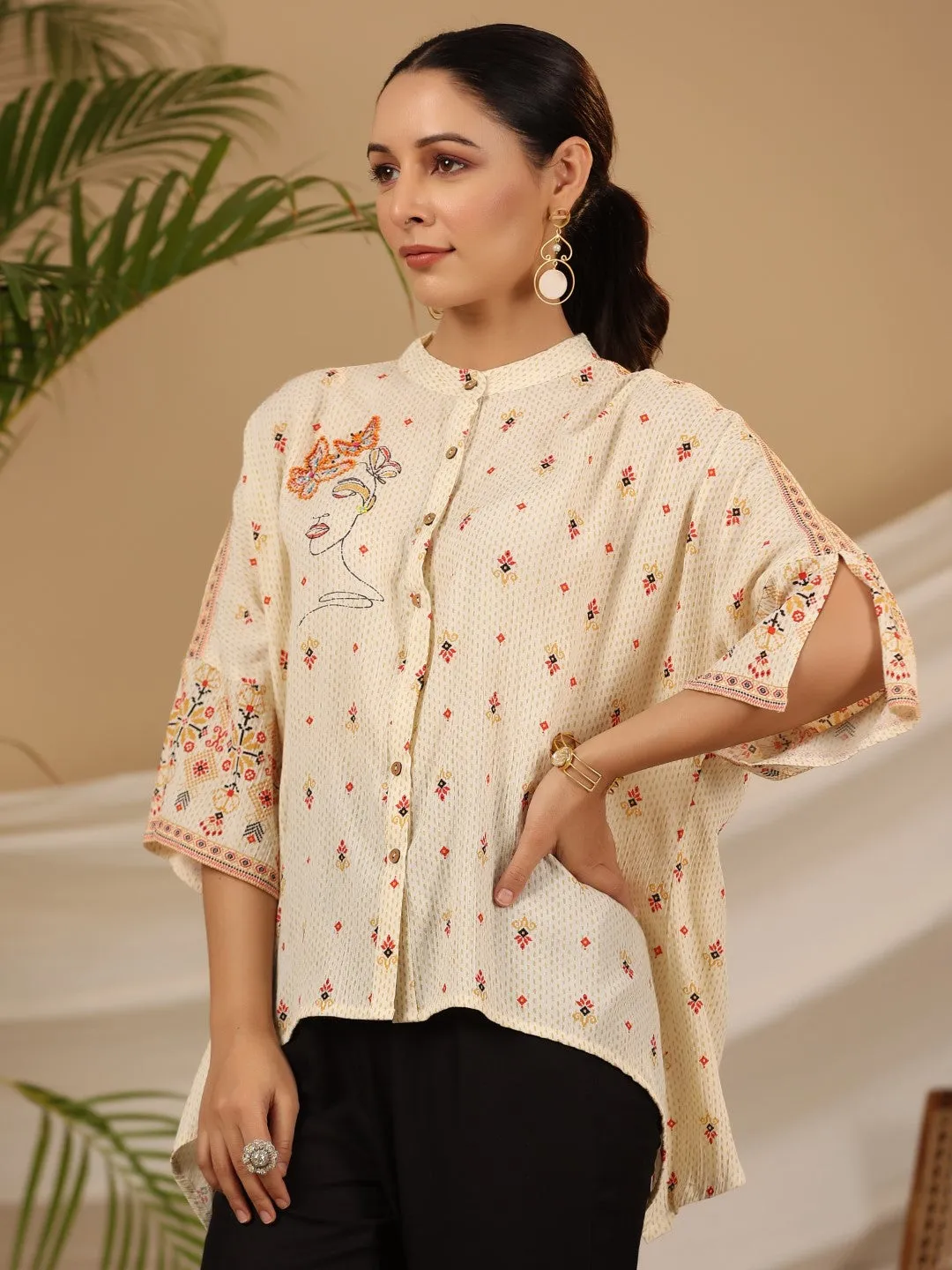 Juniper Off white Geometric Printed Rayon Crepe Shirt Style Tunic With Beads & Sequins Work