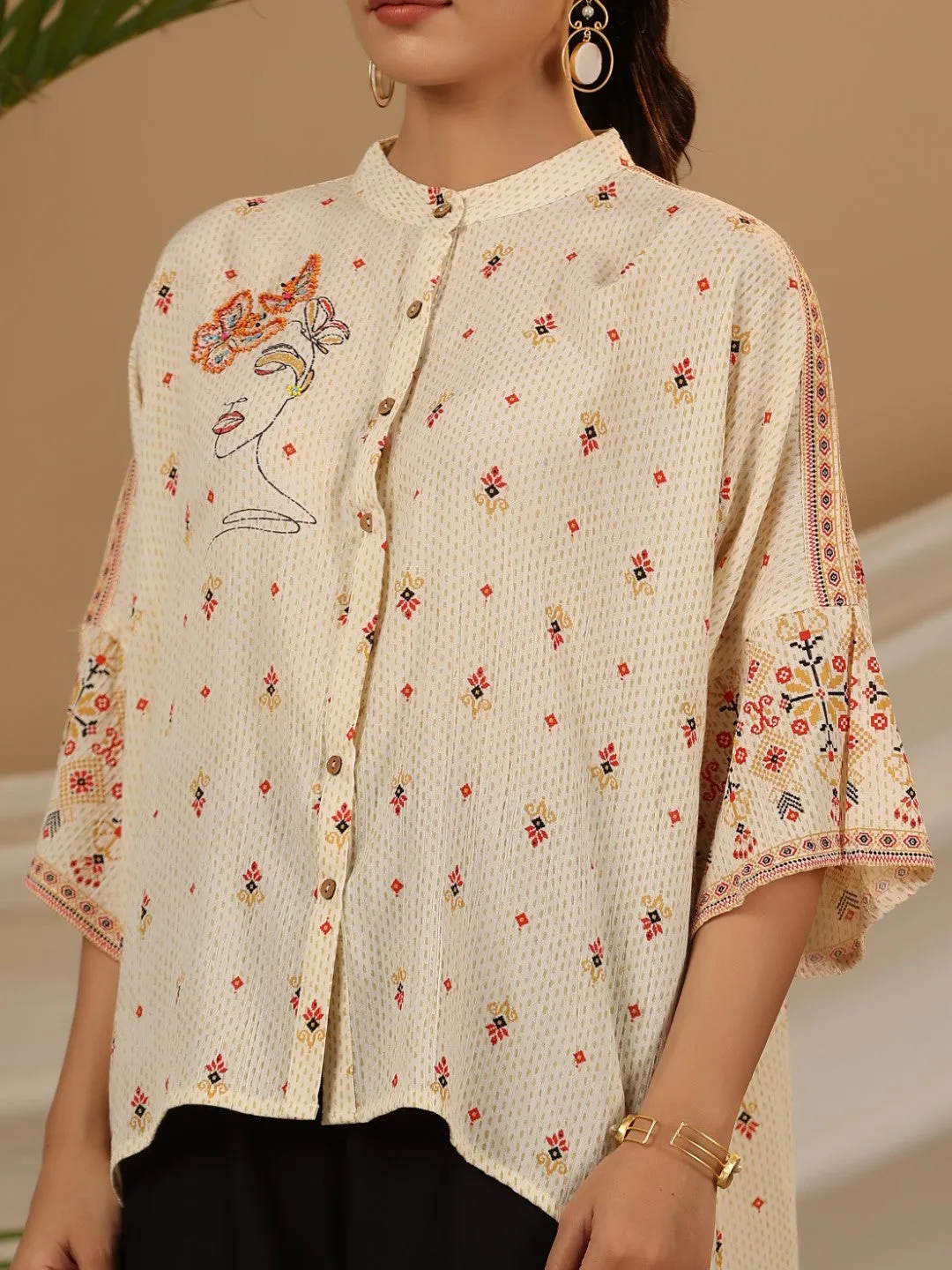 Juniper Off white Geometric Printed Rayon Crepe Shirt Style Tunic With Beads & Sequins Work