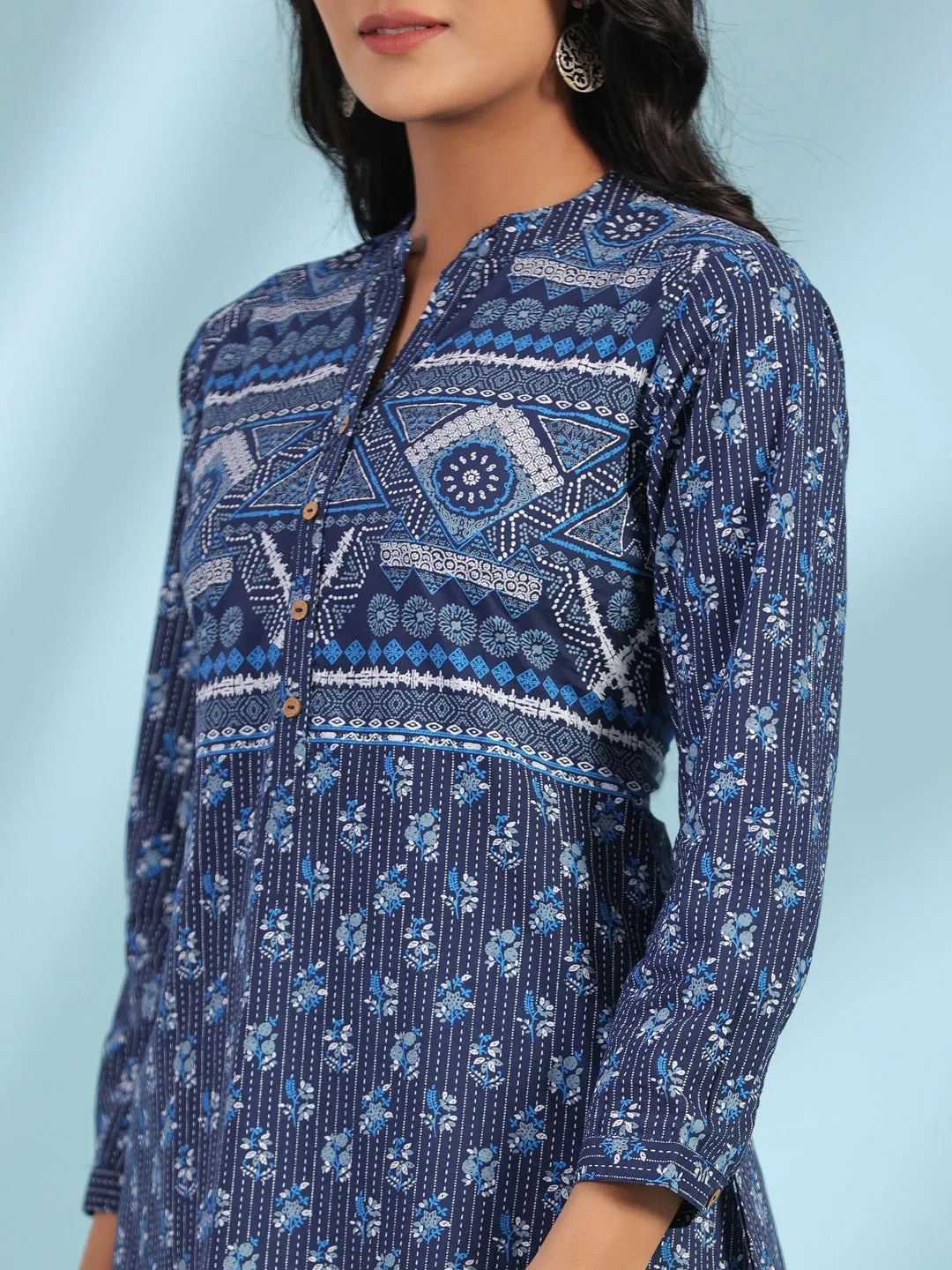 Juniper The Madhubala Blue Geometric Printed Pure Cotton Tunic