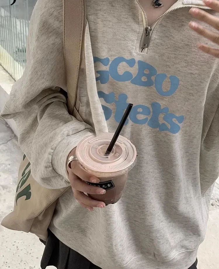 Loose Printed Spell Color Female Hoodies Basic Fashion Office Ladies Pullovers Casual Chic Zipper Polo Neck Women Hoodies