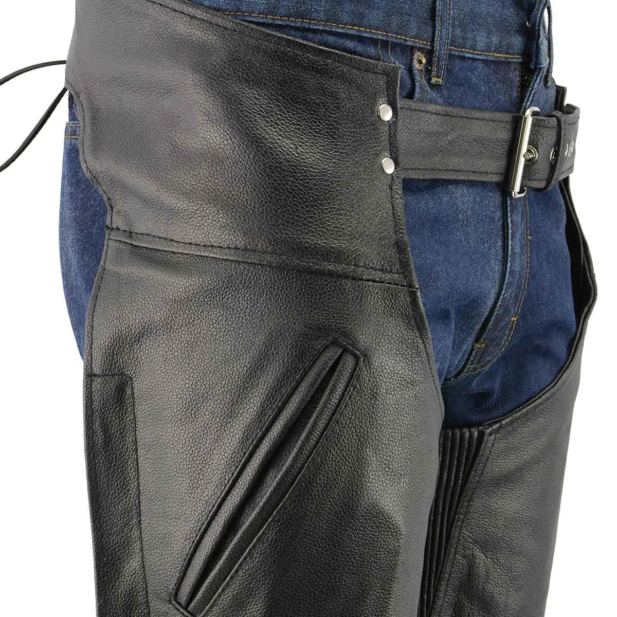 Men's XS301 Black Deep Pocket Premium Leather Motorcycle Chaps