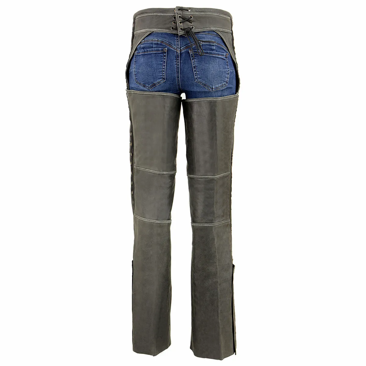 Milwaukee Leather Chaps for Women Distress Grey Premium Skin- Accent Lace Grommet Details Motorcycle Chap- MLL6536