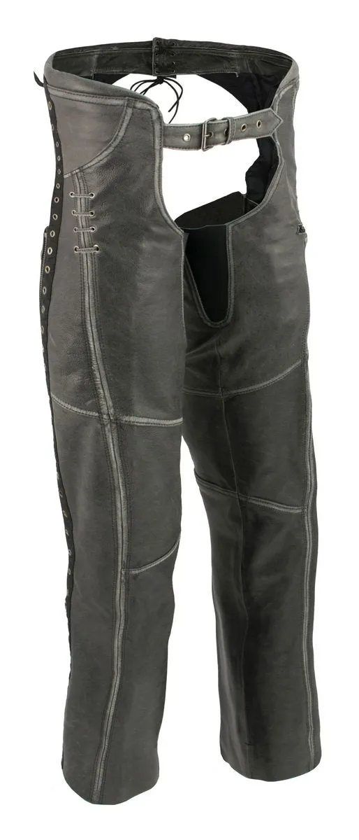 Milwaukee Leather Chaps for Women Distress Grey Premium Skin- Accent Lace Grommet Details Motorcycle Chap- MLL6536