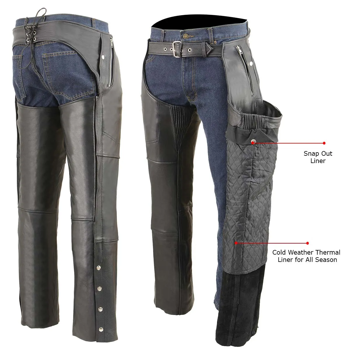 Milwaukee Leather Men’s Motorcycle Chaps Black Cool-Tec Naked Leather with Snap Removable Thermal Liner MLM5505