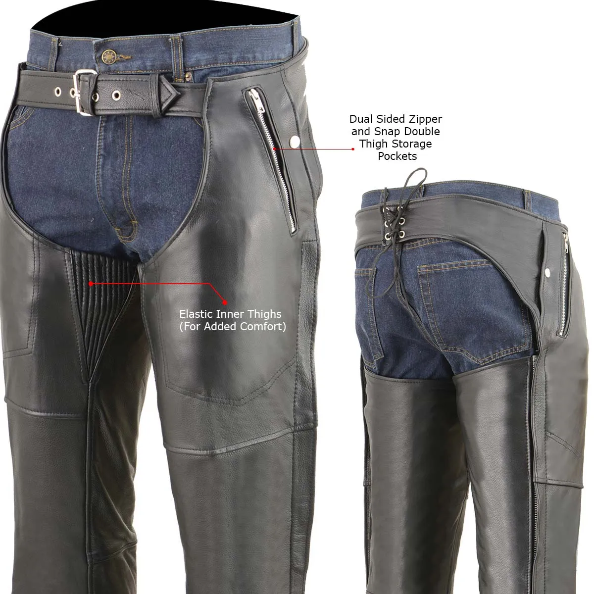 Milwaukee Leather Men’s Motorcycle Chaps Black Cool-Tec Naked Leather with Snap Removable Thermal Liner MLM5505