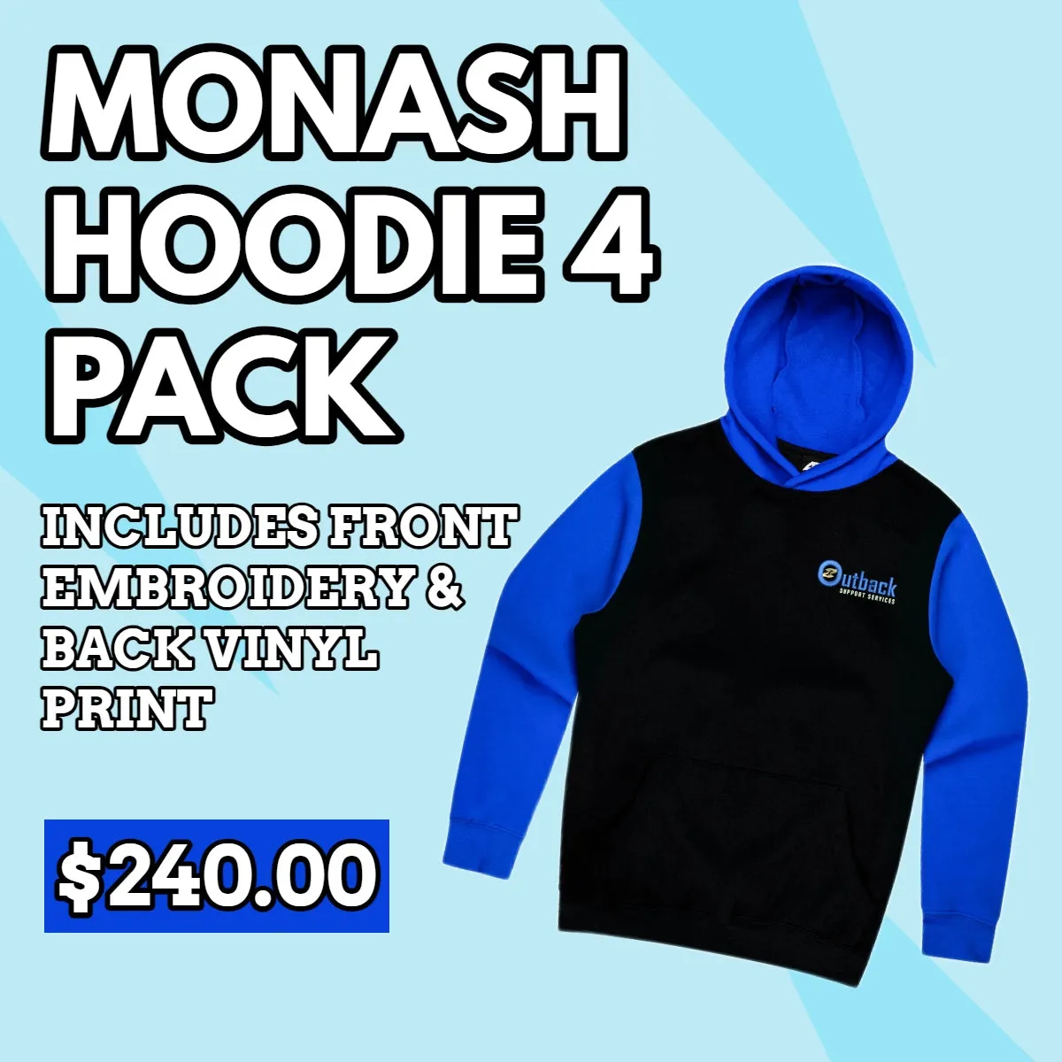 Monash Hoodies 4 Pack -1530 -  With Front Embroidery & Back Vinyl Print | Mens & Kids